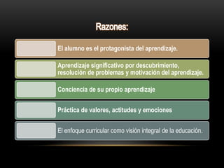 El alumno es el protagonista del aprendizaje. 
Aprendizaje significativo por descubrimiento, 
resolución de problemas y motivación del aprendizaje. 
Conciencia de su propio aprendizaje 
Práctica de valores, actitudes y emociones 
El enfoque curricular como visión integral de la educación. 
 