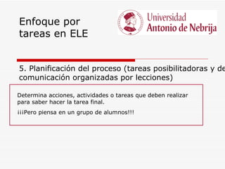Enfoque por
tareas en ELE


5. Planificación del proceso (tareas posibilitadoras y de
comunicación organizadas por lecciones)

Determina acciones, actividades o tareas que deben realizar
para saber hacer la tarea final.
¡¡¡Pero piensa en un grupo de alumnos!!!
 