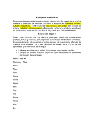 Enfoque de Matemáticas
Desarrollar el pensamiento basado en el uso intencionado del conocimiento que los
favorece la diversidad de enfoques, así como el apoyo en los contextos sociales,
culturales lingüísticos. También aborda situaciones de aprendizaje con el objeto de
encarar y plantear, retos adecuados, al desarrollo y el fomento al interés y gusto por
las matemáticas en un sentido amplio a lo largo de la vida de los ciudadanos.
Enfoque de Español
Tiene como prioridad que los alumnos participen situaciones comunicativas
(oralidad, lectura y escritura), con propósitos específicos e interlocutores concretos.
Consecuentemente, el acercamiento delos alumnos al conocimiento eficiente de
diversos tipos textuales, los cuales permitan un avance en la concepción del
aprendizaje y la enseñanza de la lengua.
 La lengua escrita y comunicativa deberá estar en constante cambio.
 La lengua de español tiene dos propósitos como herramienta de enseñanza
y concepción de aprendizaje.
Ere R – erre RR
Mariposa Risa
Masa
Pisa
Rima
Roma
Poma
Mario
Miro
Osa
Rio
Prima
Primo
Mas
Ipo
 