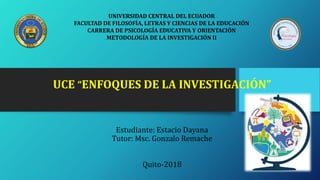 UCE “ENFOQUES DE LA INVESTIGACIÓN”
Estudiante: Estacio Dayana
Tutor: Msc. Gonzalo Remache
Quito-2018
UNIVERSIDAD CENTRAL DEL ECUADOR
FACULTAD DE FILOSOFÍA, LETRAS Y CIENCIAS DE LA EDUCACIÓN
CARRERA DE PSICOLOGÍA EDUCATIVA Y ORIENTACIÓN
METODOLOGÍA DE LA INVESTIGACIÓN II
 