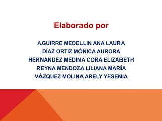 Elaborado por
AGUIRRE MEDELLIN ANA LAURA
DÍAZ ORTIZ MÓNICA AURORA
HERNÁNDEZ MEDINA CORA ELIZABETH
REYNA MENDOZA LILIANA MARÍA
VÁZQUEZ MOLINA ARELY YESENIA
 