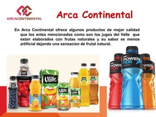 En Arca Continental ofrece algunos productos de mejor calidad
que los antes mencionados como son los jugos del Valle que
estan elaborados con frutas naturales y su sabor es menos
artificial dejando una sensacion de frutal natural.
Arca Continental
 