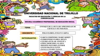 FACULTAD DE EDUCACIÓN Y CIENCIAS DE LA
COMUNICACIÓN
UNIVERSIDAD NACIONAL DE TRUJILLO
ESCUELA ACADÉMICO PROFESIONAL DE EDUCACIÓN INICIAL
TEMA
ENFOQUE DE LA RUTA DE APRENDIZAJE DE
CIENCIAY TECNOLOGÍA
DOCENTE POLO FLORES, EVELYN CARINA
INTEGRANTES -GARCIA GERÓNIMO, MARICARMEN
-GURREONERO FLORES, HELEN
-LÁZARO AGUILAR, ANGELICA
-LÓPEZ MERCEDES, GLADYS
-MONZÓN OLIVARES, ESTHER
-YNCIO FRANCO, FANNY
-ZAVALA LÁZARO, NATALI
 