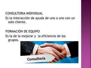 CONSULTORIA INDIVIDUAL
Es la interacción de ayuda de uno a uno con un
solo cliente.
FORMACIÓN DE EQUIPO
Es la de la mejorar y la eficiencia de los
grupos.
 