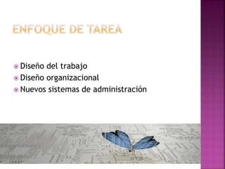  Diseño del trabajo
 Diseño organizacional
 Nuevos sistemas de administración
 