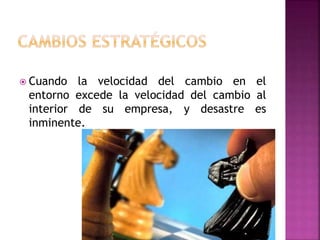  Cuando la velocidad del cambio en el
entorno excede la velocidad del cambio al
interior de su empresa, y desastre es
inminente.
 