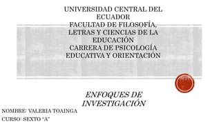 UNIVERSIDAD CENTRAL DEL
ECUADOR
FACULTAD DE FILOSOFÍA,
LETRAS Y CIENCIAS DE LA
EDUCACIÓN
CARRERA DE PSICOLOGÍA
EDUCATIVA Y ORIENTACIÓN
ENFOQUES DE
INVESTIGACIÓN
NOMBRE: VALERIA TOAINGA
CURSO: SEXTO “A”
 