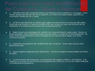 Pasos para que haya Modificación
de Conducta… Royer y Feldman
 1. Identificación del comportamiento que tenemos como objetivo a conseguir. Estas
metas deben plantearse de forma objetiva, con términos observables, específicos,
concretos, fáciles de ver y medir.
 2. Se tiene que elaborar un sistema de registro donde anoto la conducta del sujeto
antes de que se lleve a cabo la modificación de conducta, para ver al final si se ha
adquirido o no (observar el cambio de comportamiento)
 3. Seleccionar una estrategia de cambio de comportamiento adecuada. Hacer un
buen paquete, varias alternativas para que el sujeto no caiga en la acomodación. Un
buen nivel de reforzamiento para conseguir las conductas que deseo, por tanto,
conocer al sujeto.
 4. Implantar el programa de modificación de conducta. Tener claro que se está
reforzando bien.
 5. Hacer registros después de la aplicación. Anotar los registros observables que tiene
el sujeto.
 6. La evaluación del programa: comparación del registro anterior y el posterior. Si se
observa un cambio en la conducta el programa es correcto, si no es así, debe alterarse
o modificarse el programa.
 