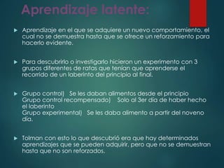 Aprendizaje latente:
 Aprendizaje en el que se adquiere un nuevo comportamiento, el
cual no se demuestra hasta que se ofrece un reforzamiento para
hacerlo evidente.
 Para descubrirlo o investigarlo hicieron un experimento con 3
grupos diferentes de ratas que tenían que aprenderse el
recorrido de un laberinto del principio al final.
 Grupo control) Se les daban alimentos desde el principio
Grupo control recompensado) Solo al 3er día de haber hecho
el laberinto
Grupo experimental) Se les daba alimento a partir del noveno
día.
 Tolman con esto lo que descubrió era que hay determinados
aprendizajes que se pueden adquirir, pero que no se demuestran
hasta que no son reforzados.
 
