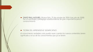  DAVID PAUL AUSUBEL (Nueva York, 25 de octubre de 1918-9 de julio de 2008)
fue un psicólogo y pedagogo estadounidense de gran importancia para el
constructivismo.
 TEORIA DEL APRENDIZAJE SIGNIFICATIVO
el conocimiento verdadero solo puede nacer cuando los nuevos contenidos tienen
significado a la luz de los conocimientos que ya se tienen.
 
