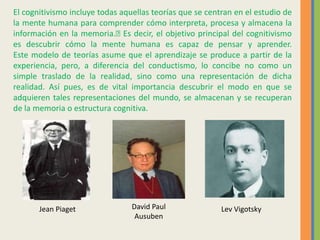 El cognitivismo incluye todas aquellas teorías que se centran en el estudio de
la mente humana para comprender cómo interpreta, procesa y almacena la
información en la memoria.﻿Es decir, el objetivo principal del cognitivismo
es descubrir cómo la mente humana es capaz de pensar y aprender.
Este modelo de teorías asume que el aprendizaje se produce a partir de la
experiencia, pero, a diferencia del conductismo, lo concibe no como un
simple traslado de la realidad, sino como una representación de dicha
realidad. Así pues, es de vital importancia descubrir el modo en que se
adquieren tales representaciones del mundo, se almacenan y se recuperan
de la memoria o estructura cognitiva.
Jean Piaget Lev VigotskyDavid Paul
Ausuben
 