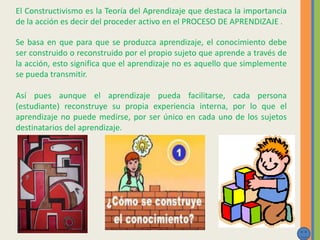 El Constructivismo es la Teoría del Aprendizaje que destaca la importancia
de la acción es decir del proceder activo en el PROCESO DE APRENDIZAJE .
Se basa en que para que se produzca aprendizaje, el conocimiento debe
ser construido o reconstruido por el propio sujeto que aprende a través de
la acción, esto significa que el aprendizaje no es aquello que simplemente
se pueda transmitir.
Así pues aunque el aprendizaje pueda facilitarse, cada persona
(estudiante) reconstruye su propia experiencia interna, por lo que el
aprendizaje no puede medirse, por ser único en cada uno de los sujetos
destinatarios del aprendizaje.
 
