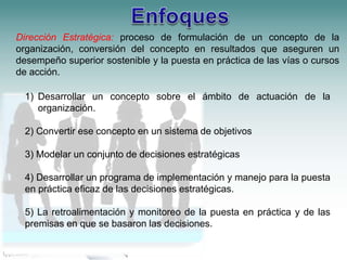 Dirección Estratégica: proceso de formulación de un concepto de la 
organización, conversión del concepto en resultados que aseguren un 
desempeño superior sostenible y la puesta en práctica de las vías o cursos 
de acción. 
1) Desarrollar un concepto sobre el ámbito de actuación de la 
organización. 
2) Convertir ese concepto en un sistema de objetivos 
3) Modelar un conjunto de decisiones estratégicas 
4) Desarrollar un programa de implementación y manejo para la puesta 
en práctica eficaz de las decisiones estratégicas. 
5) La retroalimentación y monitoreo de la puesta en práctica y de las 
premisas en que se basaron las decisiones. 
 