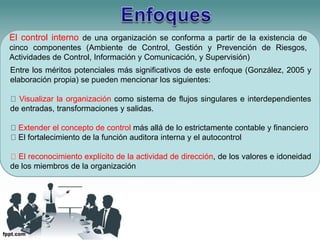 El control interno de una organización se conforma a partir de la existencia de 
cinco componentes (Ambiente de Control, Gestión y Prevención de Riesgos, 
Actividades de Control, Información y Comunicación, y Supervisión) 
Entre los méritos potenciales más significativos de este enfoque (González, 2005 y 
elaboración propia) se pueden mencionar los siguientes: 
Visualizar la organización como sistema de flujos singulares e interdependientes 
de entradas, transformaciones y salidas. 
Extender el concepto de control más allá de lo estrictamente contable y financiero 
El fortalecimiento de la función auditora interna y el autocontrol 
El reconocimiento explícito de la actividad de dirección, de los valores e idoneidad 
de los miembros de la organización 
 