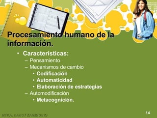 Procesamiento humano de la información.   Características: Pensamiento Mecanismos de cambio Codificación Automaticidad Elaboración de estrategias Automodificación Metacognición. 14 