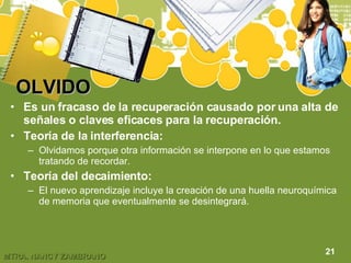 OLVIDO Es un fracaso de la recuperación causado por una alta de señales o claves eficaces para la recuperación. Teoría de la interferencia: Olvidamos porque otra información se interpone en lo que estamos tratando de recordar. Teoría del decaimiento: El nuevo aprendizaje incluye la creación de una huella neuroquímica de memoria que eventualmente se desintegrará. 21 
