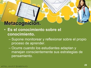 Metacognición. Es el conocimiento sobre el conocimiento. Supone monitorear y reflexionar sobre el propio proceso de aprender. Ocurre cuando los estudiantes adaptan y manejan conscientemente sus estrategias de pensamiento. 29 