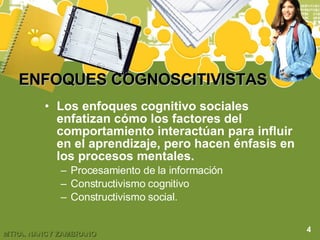 ENFOQUES COGNOSCITIVISTAS Los enfoques cognitivo sociales enfatizan cómo los factores del comportamiento interactúan para influir en el aprendizaje, pero hacen énfasis en los procesos mentales. Procesamiento de la información Constructivismo cognitivo Constructivismo social. 4 
