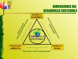 DIMENSIONES DEL
DESARROLLO SOSTENIBLE
DESARROLLO
ECONÓMICO
PRESERVACIÓN
AMBIENTAL
DESARROLLO
SOCIAL
CULTURA E INSTITUCIONALIDAD
TECNOLOGIAS
ADECUADAS/APROPIADAS
POLITICAS
DISTRIBUTIVAS
ADECUADAS
DESARROLLO
SOSTENIBLE
 