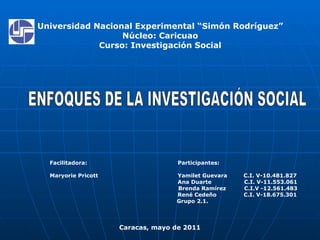 Universidad Nacional Experimental “Simón Rodríguez” Núcleo: Caricuao Curso: Investigación Social Facilitadora: Participantes: Maryorie Pricott  Yamilet Guevara  C.I. V-10.481.827    Ana Duarte  C.I. V-11.553.061 Brenda Ramírez  C.I.V -12.561.483   René Cedeño  C.I. V-18.675.301   Grupo 2.1.   Caracas, mayo de 2011 ENFOQUES DE LA INVESTIGACIÓN SOCIAL  