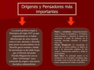 Orígenes y Pensadores más
importantes
Platón y Aristóteles: Independientemente
crean 2 libros La República y El Político
respectivamente y exponían la manera de
desarrollar el poder de gobierno en la
sociedad, buscando mantener el control
sobre ella.
Nicolás Maquiavelo: Es considerado el
padre de la ciencia política, él dedicó su
vida a la observación empírica de los
actores e instituciones políticas y fundó la
teoría política
Karl Marx: Su principal aporte es la
introducción de conceptos novedosos para
el estudio como la teoría del valor, lucha de
clases, antagonías del estado y la política
La ciencia política surgió a
Principios del siglo XVI ya que
originalmente no se había
diferenciado de otras ciencias
como el arte, derecho o filosofía
pero posee sus precedentes en la
filosofía greco-romana e hindú.
Su nacimiento se dio dado luego
que el filósofo del poder
Nicolás Maquiavelo con su
libro “el Principe” cuyo
contenido da origen a una nueva
disciplina independiente.
 