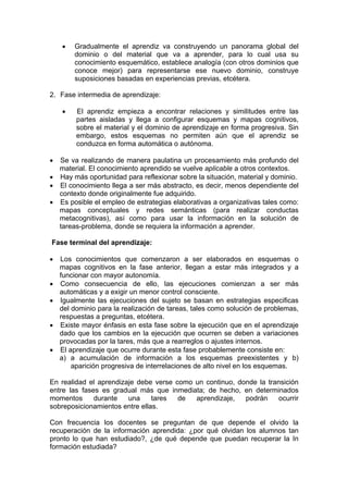 •

Gradualmente el aprendiz va construyendo un panorama global del
dominio o del material que va a aprender, para lo cual usa su
conocimiento esquemático, establece analogía (con otros dominios que
conoce mejor) para representarse ese nuevo dominio, construye
suposiciones basadas en experiencias previas, etcétera.

2. Fase intermedia de aprendizaje:
•

El aprendiz empieza a encontrar relaciones y similitudes entre las
partes aisladas y llega a configurar esquemas y mapas cognitivos,
sobre el material y el dominio de aprendizaje en forma progresiva. Sin
embargo, estos esquemas no permiten aún que el aprendiz se
conduzca en forma automática o autónoma.

•

Se va realizando de manera paulatina un procesamiento más profundo del
material. El conocimiento aprendido se vuelve aplicable a otros contextos.
• Hay más oportunidad para reflexionar sobre la situación, material y dominio.
• El conocimiento llega a ser más abstracto, es decir, menos dependiente del
contexto donde originalmente fue adquirido.
• Es posible el empleo de estrategias elaborativas a organizativas tales como:
mapas conceptuales y redes semánticas (para realizar conductas
metacognitivas), así como para usar la información en la solución de
tareas-problema, donde se requiera la información a aprender.
Fase terminal del aprendizaje:
•
•
•
•
•

Los conocimientos que comenzaron a ser elaborados en esquemas o
mapas cognitivos en la fase anterior, llegan a estar más integrados y a
funcionar con mayor autonomía.
Como consecuencia de ello, las ejecuciones comienzan a ser más
automáticas y a exigir un menor control consciente.
Igualmente las ejecuciones del sujeto se basan en estrategias especificas
del dominio para la realización de tareas, tales como solución de problemas,
respuestas a preguntas, etcétera.
Existe mayor énfasis en esta fase sobre la ejecución que en el aprendizaje
dado que los cambios en la ejecución que ocurren se deben a variaciones
provocadas por la tares, más que a rearreglos o ajustes internos.
El aprendizaje que ocurre durante esta fase probablemente consiste en:
a) a acumulación de información a los esquemas preexistentes y b)
aparición progresiva de interrelaciones de alto nivel en los esquemas.

En realidad el aprendizaje debe verse como un continuo, donde la transición
entre las fases es gradual más que inmediata; de hecho, en determinados
momentos
durante
una
tares
de
aprendizaje,
podrán
ocurrir
sobreposicionamientos entre ellas.
Con frecuencia los docentes se preguntan de que depende el olvido la
recuperación de la información aprendida: ¿por qué olvidan los alumnos tan
pronto lo que han estudiado?, ¿de qué depende que puedan recuperar la In
formación estudiada?

 