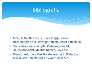 Arnal, J.; Del Rincón; La Torre A. 1996 Bases
Metodología de la Investigación educativa-Barcelona.
Gloria Pérez Serrano 1984, Pedagogía Social,
Educación Social, Madrid- Narcea, S.A. Edic.
Theodor Adorno y Max Horkheimer. 1981 Dialectica
de la Ilustración Madrid, Ediciones Akal, S.A.
Bibliografía
 