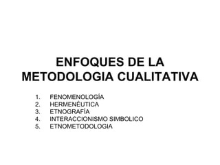 ENFOQUES DE LA
METODOLOGIA CUALITATIVA
1. FENOMENOLOGÍA
2. HERMENÉUTICA
3. ETNOGRAFÍA
4. INTERACCIONISMO SIMBOLICO
5. ETNOMETODOLOGIA
 