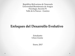 República Bolivariana de Venezuela
Universidad Bicentenaria de Aragua
Psicología, Sección P1
Valle de la Pascua – Guárico
Estudiante:
Ulises Giunta
Enero, 2017
Enfoques del Desarrollo Evolutivo
 