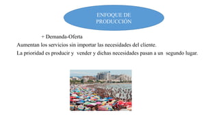 ENFOQUE DE
PRODUCCIÓN
+ Demanda-Oferta
Aumentan los servicios sin importar las necesidades del cliente.
La prioridad es producir y vender y dichas necesidades pasan a un segundo lugar.

 