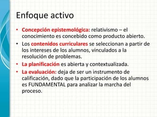 Enfoque activo Concepción epistemológica: relativismo – el conocimiento es concebido como producto abierto.Los contenidos curriculares se seleccionan a partir de los intereses de los alumnos, vinculados a la resolución de problemas.La planificación es abierta y contextualizada.La evaluación: deja de ser un instrumento de calificación, dado que la participación de los alumnos es FUNDAMENTAL para analizar la marcha del proceso.