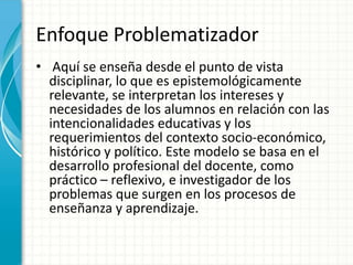Enfoque Problematizador Aquí se enseña desde el punto de vista disciplinar, lo que es epistemológicamente relevante, se interpretan los intereses y necesidades de los alumnos en relación con las intencionalidades educativas y los requerimientos del contexto socio-económico, histórico y político. Este modelo se basa en el desarrollo profesional del docente, como práctico – reflexivo, e investigador de los problemas que surgen en los procesos de enseñanza y aprendizaje.