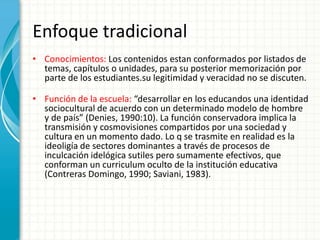 EnfoquetradicionalConocimientos: Los contenidosestanconformadosporlistados de temas, capítulos o unidades, parasu posterior memorizaciónpor parte de los estudiantes.su legitimidad y veracidad no se discuten.Función de la escuela: “desarrollar en los educandosunaidentidad sociocultural de acuerdo con un determinadomodelo de hombre y de país” (Denies, 1990:10). La funciónconservadoraimplica la transmisión y cosmovisionescompartidosporunasociedad y cultura en un momento dado. Lo q se trasmite en realidades la ideoligía de sectoresdominantes a través de procesos de inculcaciónidelógicasutilesperosumamenteefectivos, queconforman un curriculum oculto de la institucióneducativa (Contreras Domingo, 1990; Saviani, 1983).
