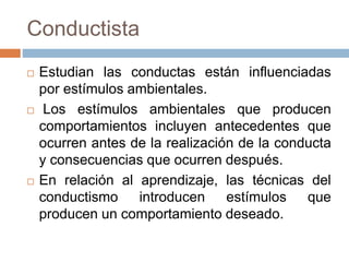 Conductista
Estudian las conductas están influenciadas
por estímulos ambientales.
Los estímulos ambientales que producen
comportamientos incluyen antecedentes que
ocurren antes de la realización de la conducta
y consecuencias que ocurren después.
En relación al aprendizaje, las técnicas del
conductismo introducen estímulos que
producen un comportamiento deseado.