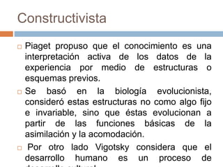 Constructivista
Piaget propuso que el conocimiento es una
interpretación activa de los datos de la
experiencia por medio de estructuras o
esquemas previos.
Se basó en la biología evolucionista,
consideró estas estructuras no como algo fijo
e invariable, sino que éstas evolucionan a
partir de las funciones básicas de la
asimilación y la acomodación.
Por otro lado Vigotsky considera que el
desarrollo humano es un proceso de