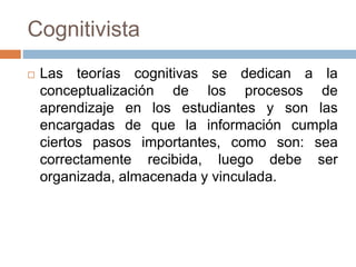 Cognitivista
Las teorías cognitivas se dedican a la
conceptualización de los procesos de
aprendizaje en los estudiantes y son las
encargadas de que la información cumpla
ciertos pasos importantes, como son: sea
correctamente recibida, luego debe ser
organizada, almacenada y vinculada.