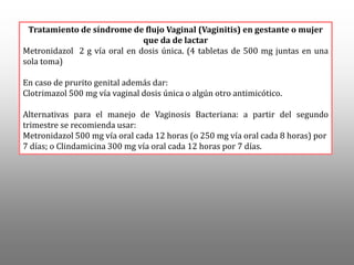 Tratamiento de síndrome de flujo Vaginal (Vaginitis) en gestante o mujer
que da de lactar
Metronidazol 2 g vía oral en dosis única. (4 tabletas de 500 mg juntas en una
sola toma)
En caso de prurito genital además dar:
Clotrimazol 500 mg vía vaginal dosis única o algún otro antimicótico.
Alternativas para el manejo de Vaginosis Bacteriana: a partir del segundo
trimestre se recomienda usar:
Metronidazol 500 mg vía oral cada 12 horas (o 250 mg vía oral cada 8 horas) por
7 días; o Clindamicina 300 mg vía oral cada 12 horas por 7 días.
 