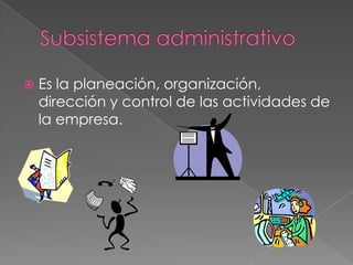    Es la planeación, organización,
    dirección y control de las actividades de
    la empresa.
 
