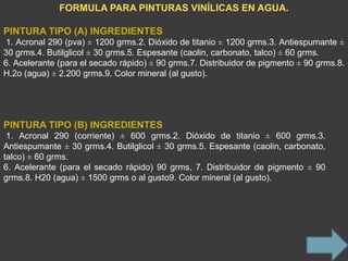 FORMULA PARA PINTURAS VINÍLICAS EN AGUA.

PINTURA TIPO (A) INGREDIENTES
 1. Acronal 290 (pva) ± 1200 grms.2. Dióxido de titanio ± 1200 grms.3. Antiespumante ±
30 grms.4. Butilglicol ± 30 grms.5. Espesante (caolin, carbonato, talco) ± 60 grms.
6. Acelerante (para el secado rápido) ± 90 grms.7. Distribuidor de pigmento ± 90 grms.8.
H.2o (agua) ± 2.200 grms.9. Color mineral (al gusto).




PINTURA TIPO (B) INGREDIENTES
 1. Acronal 290 (corriente) ± 600 grms.2. Dióxido de titanio ± 600 grms.3.
Antiespumante ± 30 grms.4. Butilglicol ± 30 grms.5. Espesante (caolin, carbonato,
talco) ± 60 grms.
6. Acelerante (para el secado rápido) 90 grms, 7. Distribuidor de pigmento ± 90
grms.8. H20 (agua) ± 1500 grms o al gusto9. Color mineral (al gusto).
 