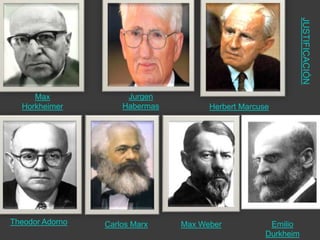 JUSTIFICACIÓN
     Max              Jurgen
  Horkheimer         Habermas         Herbert Marcuse




Theodor Adorno   Carlos Marx    Max Weber            Emilio
                                                    Durkheim
 