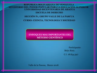 MINISTERIO DEL PODER POPULAR PARA LA EDUCACIÓN SUPERIOR
REPUBLICA BOLIVARIANA DE VENEZUELA
UNIVERSIDAD BICENTENARIA DE ARAGUA
ESCUELA DE DERECHO
SECCIÒN P1, GRUPO VALLE DE LA PASCUA
CURSO: CIENCIA, TECNOLOGIA Y SOCIEDAD
Participante:
Belys Ruiz.
C.I 18.834.397
Valle de la Pascua, Marzo 2018
ENFOQUES MAS IMPORTANTES DEL
MÈTODO CIENTÌFICO
 