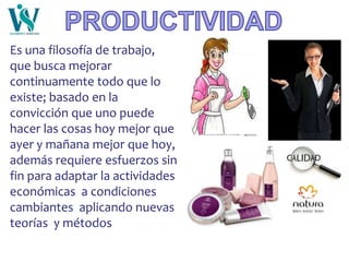Es una filosofía de trabajo,
que busca mejorar
continuamente todo que lo
existe; basado en la
convicción que uno puede
hacer las cosas hoy mejor que
ayer y mañana mejor que hoy,
además requiere esfuerzos sin
fin para adaptar la actividades
económicas a condiciones
cambiantes aplicando nuevas
teorías y métodos
 
