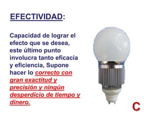 Capacidad de lograr el
efecto que se desea,
este último punto
involucra tanto eficacia
y eficiencia, Supone
hacer lo correcto con
gran exactitud y
precisión y ningún
desperdicio de tiempo y
dinero.
EFECTIVIDAD:
 