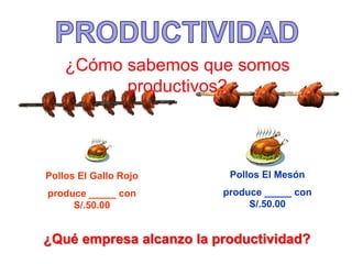 Pollos El Gallo Rojo
produce _____ con
S/.50.00
Pollos El Mesón
produce _____ con
S/.50.00
¿Qué empresa alcanzo la productividad?
¿Cómo sabemos que somos
productivos?
 