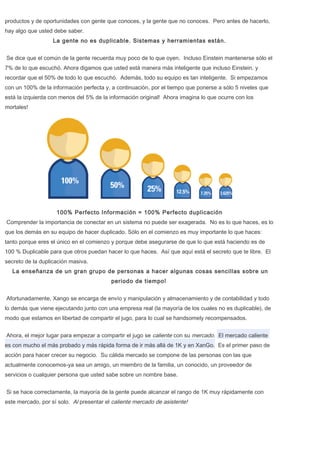 productos y de oportunidades con gente que conoces, y la gente que no conoces. Pero antes de hacerlo,
hay algo que usted debe saber.
La gente no es duplicable. Sistemas y herramientas están.
Se dice que el común de la gente recuerda muy poco de lo que oyen. Incluso Einstein mantenerse sólo el
7% de lo que escuchó. Ahora digamos que usted está manera más inteligente que incluso Einstein, y
recordar que el 50% de todo lo que escuchó. Además, todo su equipo es tan inteligente. Si empezamos
con un 100% de la información perfecta y, a continuación, por el tiempo que ponerse a sólo 5 niveles que
está la izquierda con menos del 5% de la información original! Ahora imagina lo que ocurre con los
mortales!
100% Perfecto Información = 100% Perfecto duplicación
Comprender la importancia de conectar en un sistema no puede ser exagerada. No es lo que haces, es lo
que los demás en su equipo de hacer duplicado. Sólo en el comienzo es muy importante lo que haces:
tanto porque eres el único en el comienzo y porque debe asegurarse de que lo que está haciendo es de
100 % Duplicable para que otros puedan hacer lo que haces. Así que aquí está el secreto que te libre. El
secreto de la duplicación masiva.
La enseñanza de un gran grupo de personas a hacer algunas cosas sencillas sobre un
periodo de tiempo!
Afortunadamente, Xango se encarga de envío y manipulación y almacenamiento y de contabilidad y todo
lo demás que viene ejecutando junto con una empresa real (la mayoría de los cuales no es duplicable), de
modo que estamos en libertad de compartir el jugo, para lo cual se handsomely recompensados.
Ahora, el mejor lugar para empezar a compartir el jugo se caliente con su mercado. El mercado caliente
es con mucho el más probado y más rápida forma de ir más allá de 1K y en XanGo. Es el primer paso de
acción para hacer crecer su negocio. Su cálida mercado se compone de las personas con las que
actualmente conocemos-ya sea un amigo, un miembro de la familia, un conocido, un proveedor de
servicios o cualquier persona que usted sabe sobre un nombre base.
Si se hace correctamente, la mayoría de la gente puede alcanzar el rango de 1K muy rápidamente con
este mercado, por sí solo. Al presentar el caliente mercado de asistente!
 