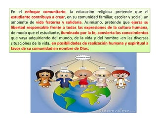 En el enfoque comunitario, la educación religiosa pretende que el
estudiante contribuya a crear, en su comunidad familiar, escolar y social, un
ambiente de vida fraterna y solidaria. Asimismo, pretende que ejerza su
libertad responsable frente a todas las expresiones de la cultura humana,
de modo que el estudiante, iluminado por la fe, convierta los conocimientos
que vaya adquiriendo del mundo, de la vida y del hombre -en las diversas
situaciones de la vida, en posibilidades de realización humana y espiritual a
favor de su comunidad en nombre de Dios.
 