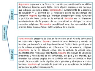 ESTÁNDARES
CICLO
VI
CICLO
VII
Argumenta la presencia de Dios en la creación y su manifestación en el Plan
de Salvación descritos en la Biblia, como alguien cercano al ser humano,
que lo busca, interpela y acoge. Comprende el cumplimiento de la promesa
de salvación y la plenitud de la revelación desde las enseñanzas del
Evangelio. Propone acciones que favorecen el respeto por la vida humana y
la práctica del bien común en la sociedad. Participa en las diferentes
manifestaciones de fe propias de su comunidad en diálogo con otras
creencias religiosas. Demuestra sensibilidad ante las necesidades del
prójimo desde las enseñanzas del Evangelio y de la Iglesia.
Fundamenta la presencia de Dios en la creación, en el Plan de Salvación y
en la vida de la Iglesia. Asume a Jesucristo como Redentor y modelo de
hombre que le enseña a vivir bajo la acción del Espíritu Santo, participando
en la misión evangelizadora en coherencia con su creencia religiosa.
Argumenta su fe en diálogo crítico con la cultura, la ciencia otras
manifestaciones religiosas y espirituales. Propone alternativas de solución a
problemas y necesidades de su comunidad, del país y del mundo, que
expresen los valores propios de su tradición cristiana y católica, el bien
común la promoción de la dignidad de la persona y el respeto a la vida
humana. Interioriza el mensaje de Jesucristo y las enseñanzas de la Iglesia
para actuar en coherencia con su fe.
 