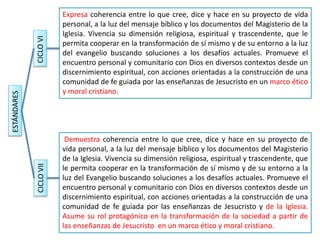 ESTÁNDARES
CICLO
VI
CICLO
VII
Expresa coherencia entre lo que cree, dice y hace en su proyecto de vida
personal, a la luz del mensaje bíblico y los documentos del Magisterio de la
Iglesia. Vivencia su dimensión religiosa, espiritual y trascendente, que le
permita cooperar en la transformación de sí mismo y de su entorno a la luz
del evangelio buscando soluciones a los desafíos actuales. Promueve el
encuentro personal y comunitario con Dios en diversos contextos desde un
discernimiento espiritual, con acciones orientadas a la construcción de una
comunidad de fe guiada por las enseñanzas de Jesucristo en un marco ético
y moral cristiano.
Demuestra coherencia entre lo que cree, dice y hace en su proyecto de
vida personal, a la luz del mensaje bíblico y los documentos del Magisterio
de la Iglesia. Vivencia su dimensión religiosa, espiritual y trascendente, que
le permita cooperar en la transformación de sí mismo y de su entorno a la
luz del Evangelio buscando soluciones a los desafíos actuales. Promueve el
encuentro personal y comunitario con Dios en diversos contextos desde un
discernimiento espiritual, con acciones orientadas a la construcción de una
comunidad de fe guiada por las enseñanzas de Jesucristo y de la Iglesia.
Asume su rol protagónico en la transformación de la sociedad a partir de
las enseñanzas de Jesucristo en un marco ético y moral cristiano.
 