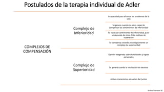 Postulados de la terapia individual de Adler
COMPLEJOS DE
COMPENSACIÓN
Complejo de
Inferioridad
Incapacidad para afrontar los problemas de la
vida
Se genera cuando no se es capaz de
compensar los sentimientos de inferioridad
Se nace con sentimiento de inferioridad, pues
se depende de otros. Esto motiva a la
superación
Se compensa creando psicológicamente un
complejo de superioridad
Complejo de
Superioridad
Opinión exagerada sobre habilidades y logros
personales
Se genera cuando la retribución es excesiva
Ambos mecanismos se suelen dar juntos
Andrea Buenaver M.
 
