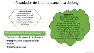INDIVIDUACIÓN
Hacerse individuo. Y si
individualidad es la más
íntima particularidad o
singularidad última e
incomparable, esto lleva
al sí mismo.
Postulados de la terapia analítica de Jung
SI MISMO
• Totalidad de la psique
• Centro regulador de la
propia psique
Se trata de que el Yo o Ego
se integre a ese centro de la
totalidad psíquica, en el sí
mismo, para lo cual tiene
que retirar las proyecciones
y esto se consigue con el
autoconocimiento del
consciente e inconsciente.
Andrea Buenaver M.
TÉCNICAS PSICOTERAPÉUTICAS JUNGUIANAS
• Transferencia y contratransferencia
• Interpretación junguiana de los
sueños
• Imaginación activa
 